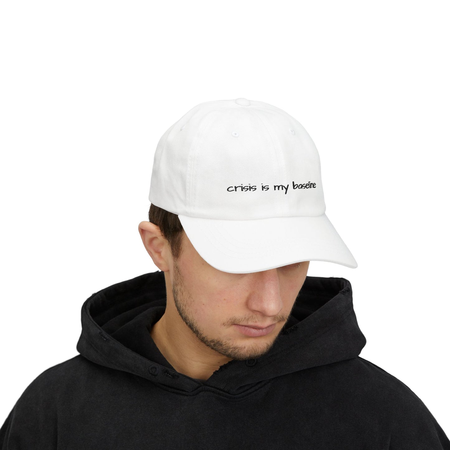 Crisis is My Baseline Embroidered Hat, Classic White Cap, Cosmic Medical Designs