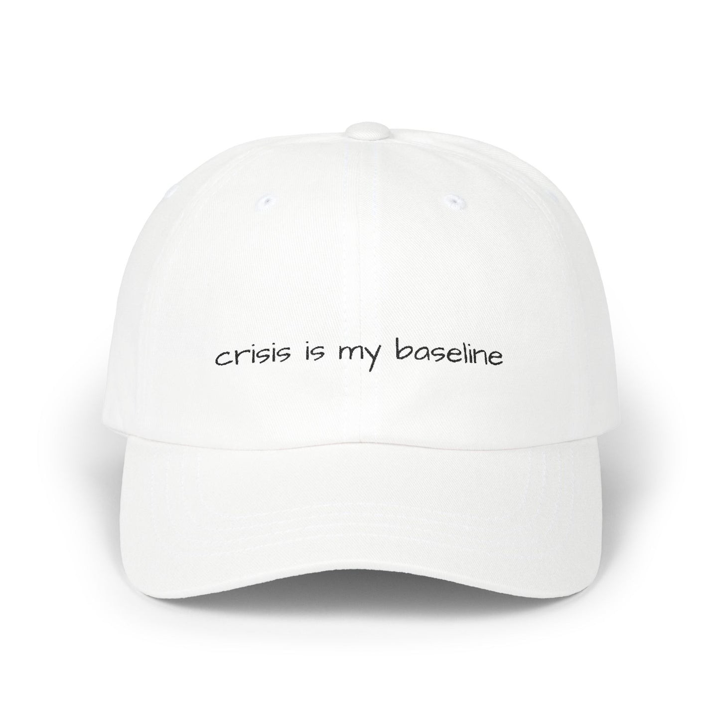 Crisis is My Baseline Embroidered Hat, Classic White Cap, Cosmic Medical Designs