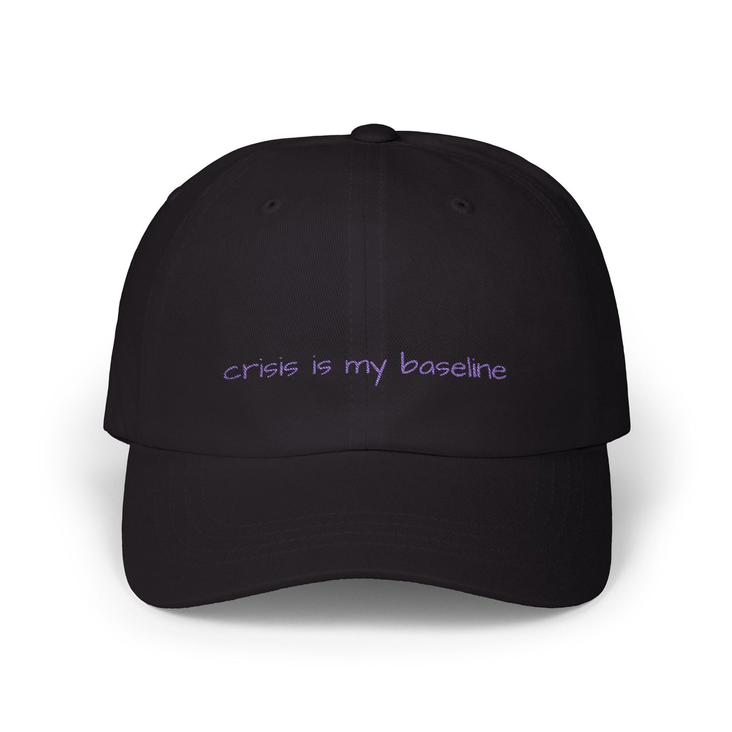 Crisis is My Baseline Embroidered Hat, Classic Black Cap, Purple Text, Cosmic Medical Designs