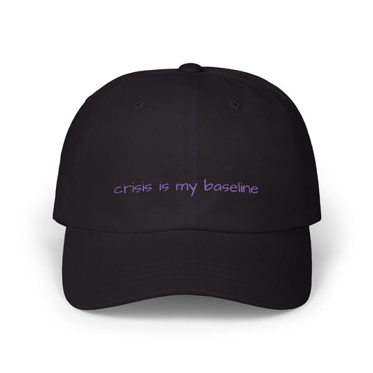 Crisis is My Baseline Embroidered Hat, Classic Black Cap, Purple Text, Cosmic Medical Designs